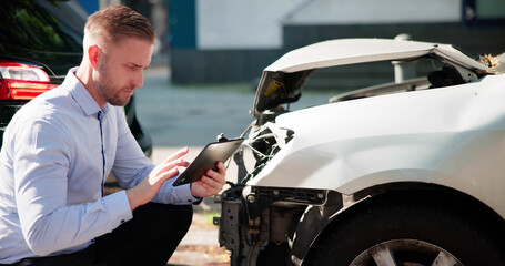 Insurance Agent Inspecting White Car After Crash