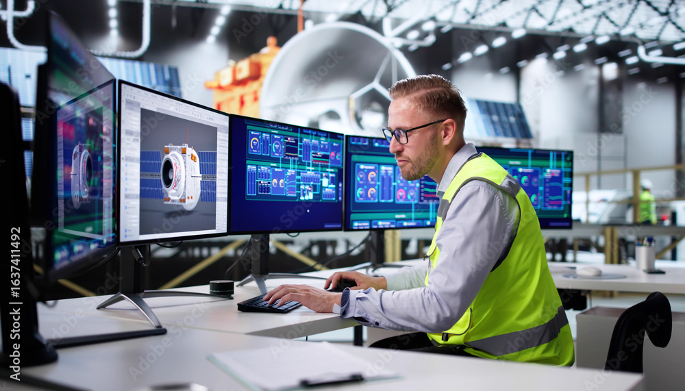 Poster man designs and develops satellite 3d model on computer monitor