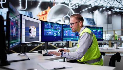 Man Designs And Develops Satellite 3D Model On Computer Monitor