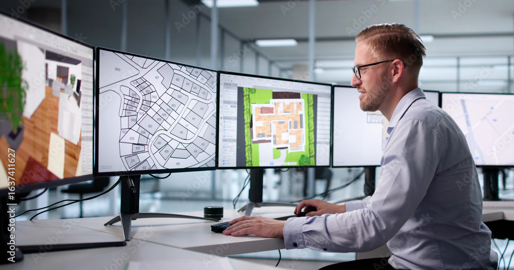 Poster man using computer to survey land
