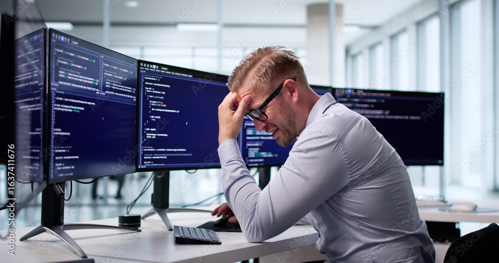 Aufkleber sad web developer frustrated with coding in office, staring at screen