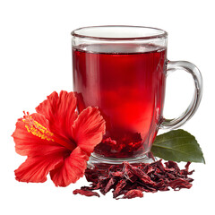 Hot red hibiscus tea in a glass mug with fresh flower and dried leaves isolated on transparent background