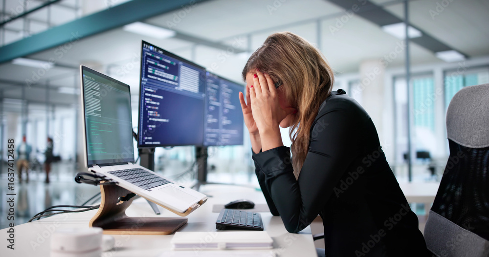 Poster female software engineer struggling with broken code