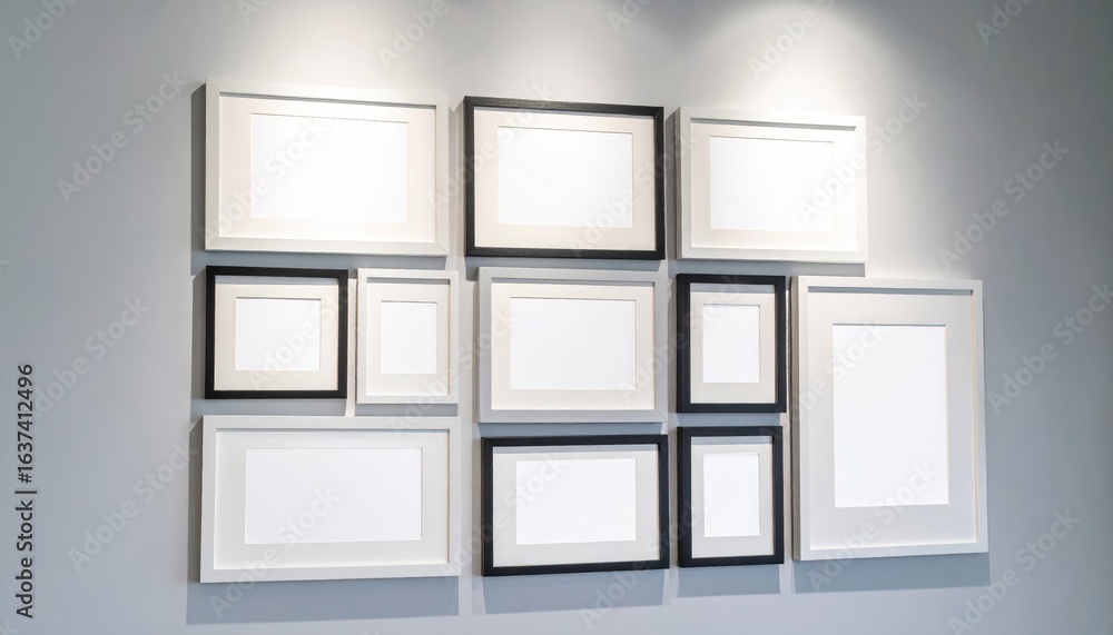 Poster a meticulously arranged gallery wall collection of assorted empty black picture frames on warm verti
