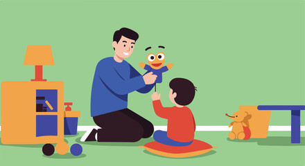 Parent plays with child using hand puppet in play area with other toys, loving