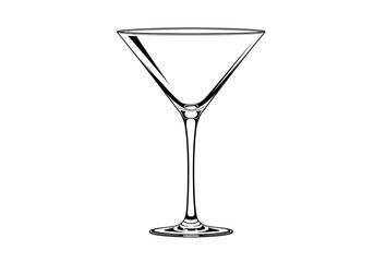 A detailed line drawing of a martini glass with a long stem and wide conical bowl on a plain white background