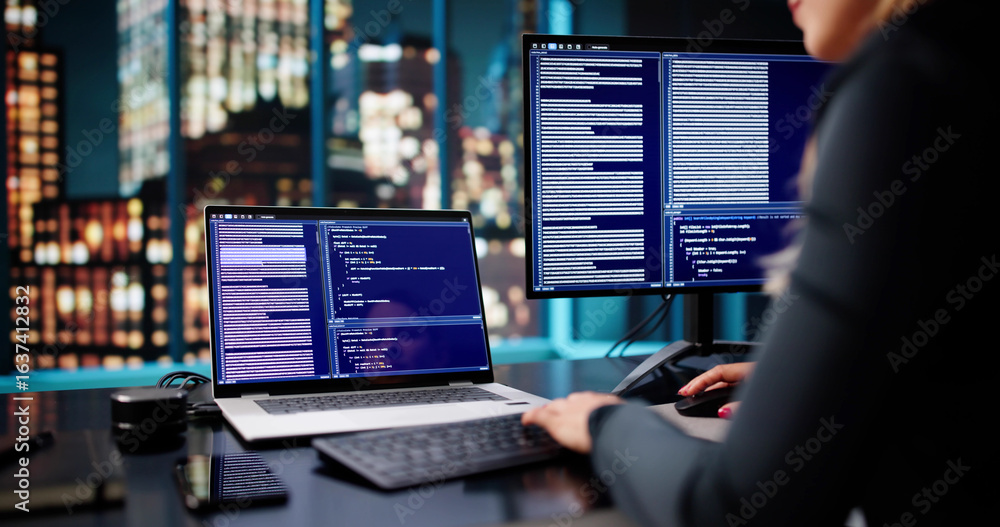 Aufkleber late-night programmer creates software at office using desktop computer