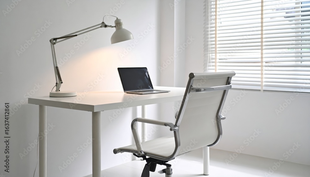 Poster modern minimalist home office setup featuring a sleek laptop computer and an elegant lamp on clean w