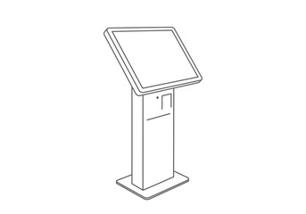 A freestanding touchscreen kiosk featuring a screen atop a rectangular body on a base