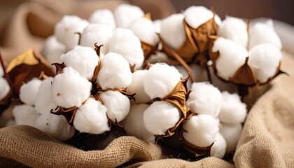 A detailed closeup of natural white cotton bolls growing on plant branch in rural agricultural field, ready for harvest and textile production.