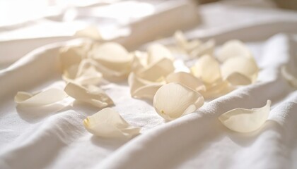 A beautiful and minimalist flat lay of delicate white flower petals scattered across soft white fabric sheet, creating serene gentle textured background for wellness beauty.