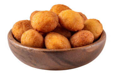 Bowl of golden fried potato croquettes isolated on transparent background