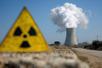 Nuclear power plant cooling tower with radiation warning sign