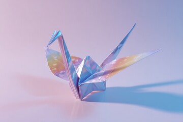 Iridescent origami crane on a gradient background, paper craft art