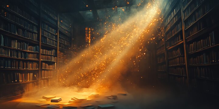 Magical Library with Light Rays and Floating Books