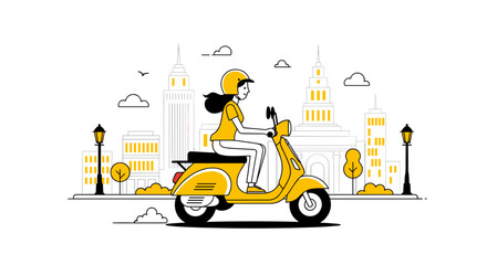 Illustration of a woman riding a yellow scooter in a city landscape scene view