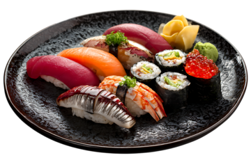 Assortment of fresh sushi and sashimi on a decorative plate isolated on transparent background