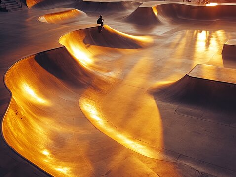 Skateboarder performing a trick in urban skatepark at sunset