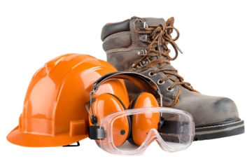 Construction safety gear including hard hat ear protection and work boot isolated on transparent background