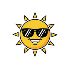Cartoon sun character wearing sunglasses, smiling brightly, radiating warmth and happiness.