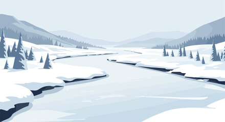 Snowy scene with mountains, trees and frozen river in muted blues and whites