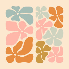 Four wavy abstract naive hippie 70s flowers. Set of colored daisies rectangular design.