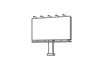 Obraz premium Isolated line drawing of a rectangular billboard with support structure and lighting fixtures on a white background