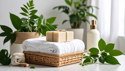 Peaceful spa arrangement with natural soap, fluffy towels, and green plants for a relaxing self-care ritual.
