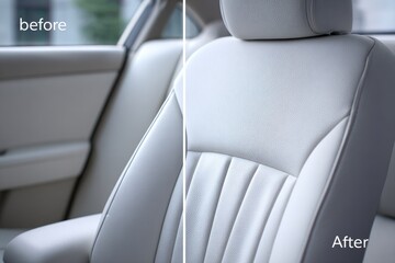 Obraz premium Car seat cleaning before and after. Cleaned light beige leather car seat. Improved appearance
