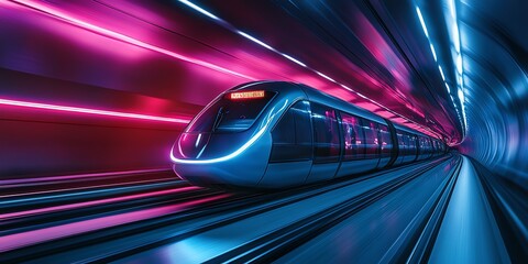 High-Speed Train in Futuristic Tunnel with Neon Lights