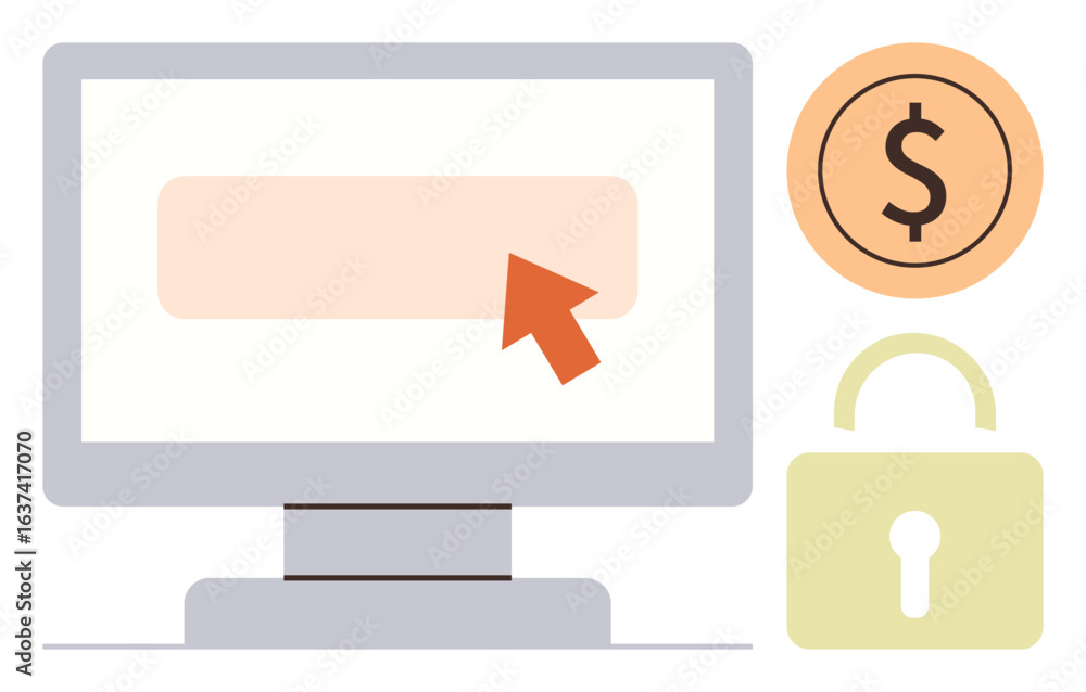 Poster computer monitor with a cursor clicking a button, dollar sign, and padlock. ideal for payment, onlin