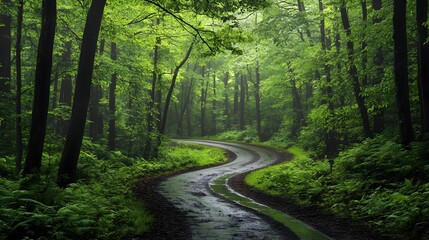 Obraz premium Tranquil Curved Forest Road After Rain Lush Green Canopy