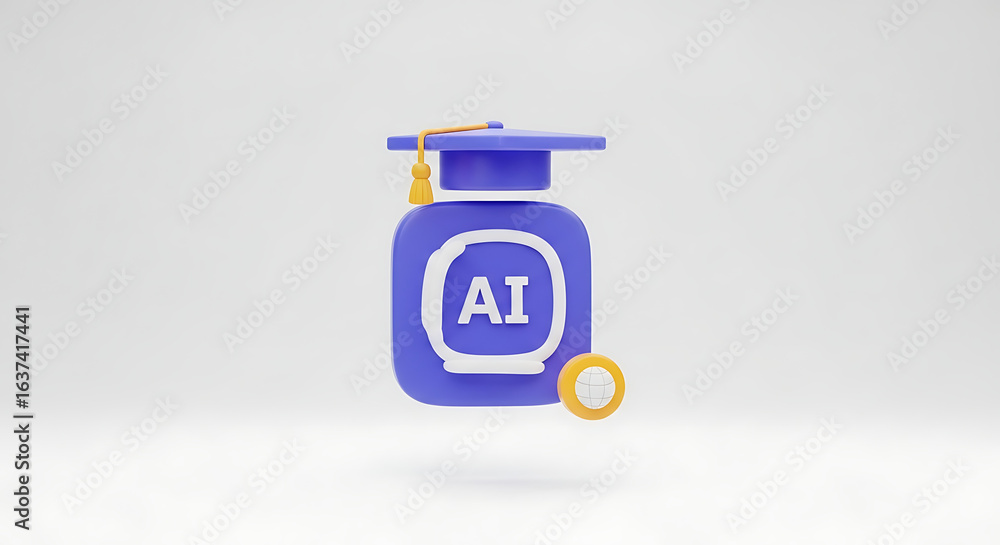 Poster purple ai icon with graduation cap and tassel on a white surface in a studio setting concept