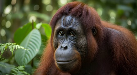 Naklejka premium Close up of Female Sumatran Orangutans (pongo pygmaeus) is a subspecies of Sumatra, in rainforest, Sumatra, Indonesia. 