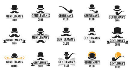 Exclusive gentleman's club emblematic designs featuring top hats and mustaches for distinguished gatherings and social clubs