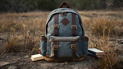 Weathered backpack and textbooks on textured ground in soft colors
