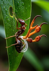 Cordyceps fungus infecting an insect. When infected, the fungus changes the behaviour of the insect causing it to cling to a leaf in the understory so the spores can disperse easily.
