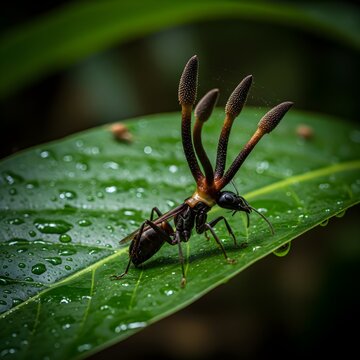 Cordyceps fungus infecting an insect. When infected, the fungus changes the behaviour of the insect causing it to cling to a leaf in the understory so the spores can disperse easily.
