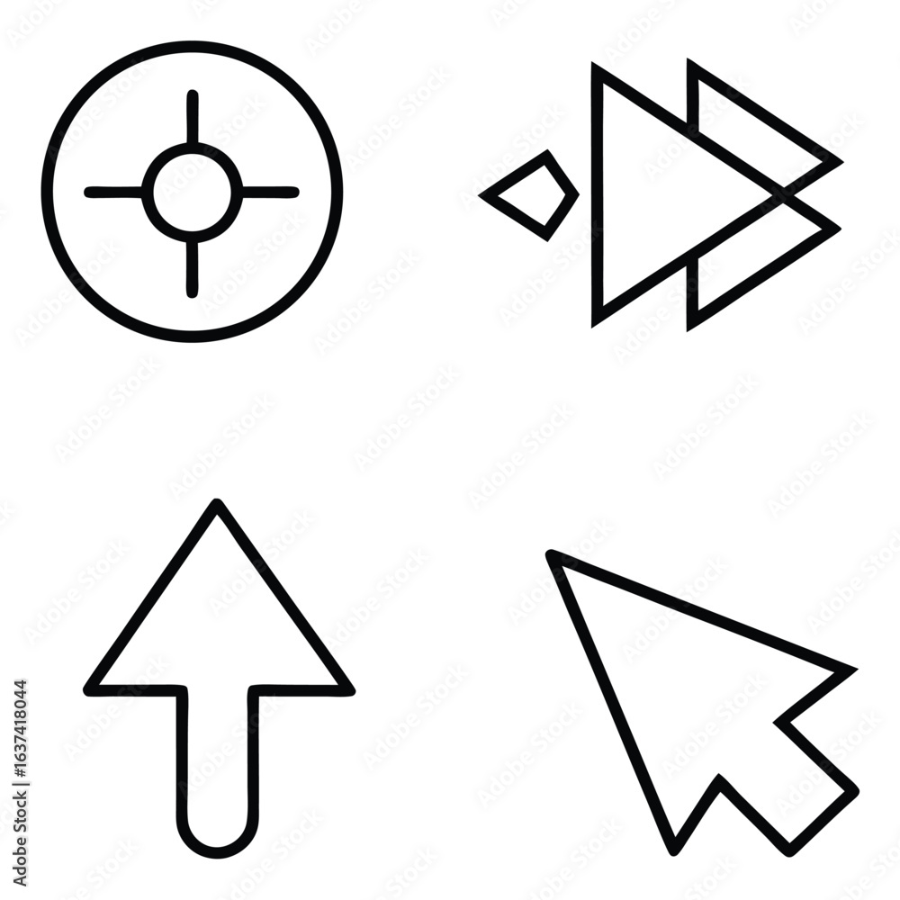 Aufkleber collection of four distinct black outline icons representing navigation and pointer functions on a w