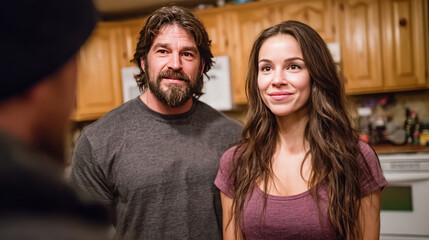Couple Smiling in Cozy Kitchen Setting with Wooden Cabinets and Warm Lighting