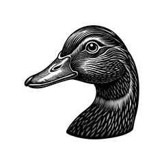 Detailed engraving of a duck's head and neck, showcasing intricate linework and shading in a monochrome illustration.