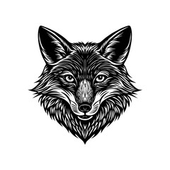Naklejka premium A detailed black and white illustration of a fox head, showcasing its fur texture and sharp facial features.