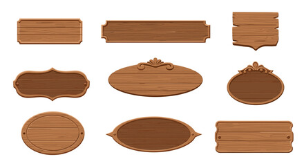 Collection of decorative wooden signs and banners for various design projects and communications