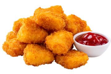 Golden fried chicken nuggets with ketchup dip isolated on transparent background