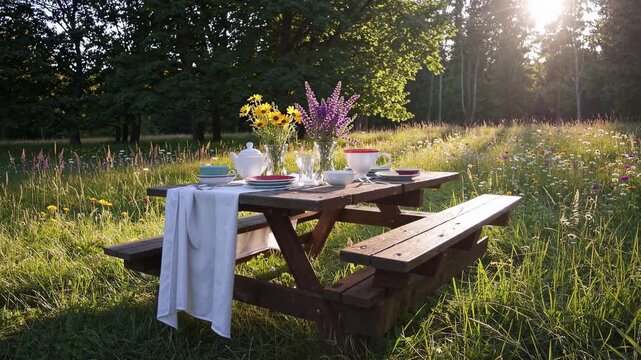 A serene picnic setup on a wooden table in a sunlit meadow, captured at a low angle. Ideal for a tranquil outdoor video scene.