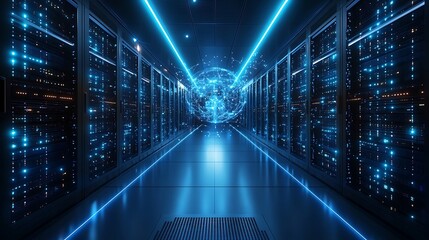 Data center with futuristic glowing servers