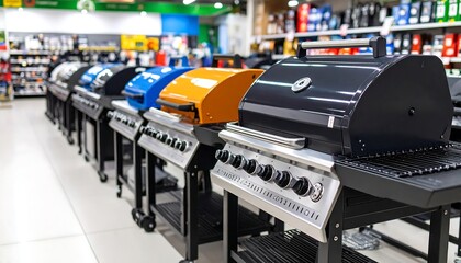 Row of colorful gas grills displayed in a retail store