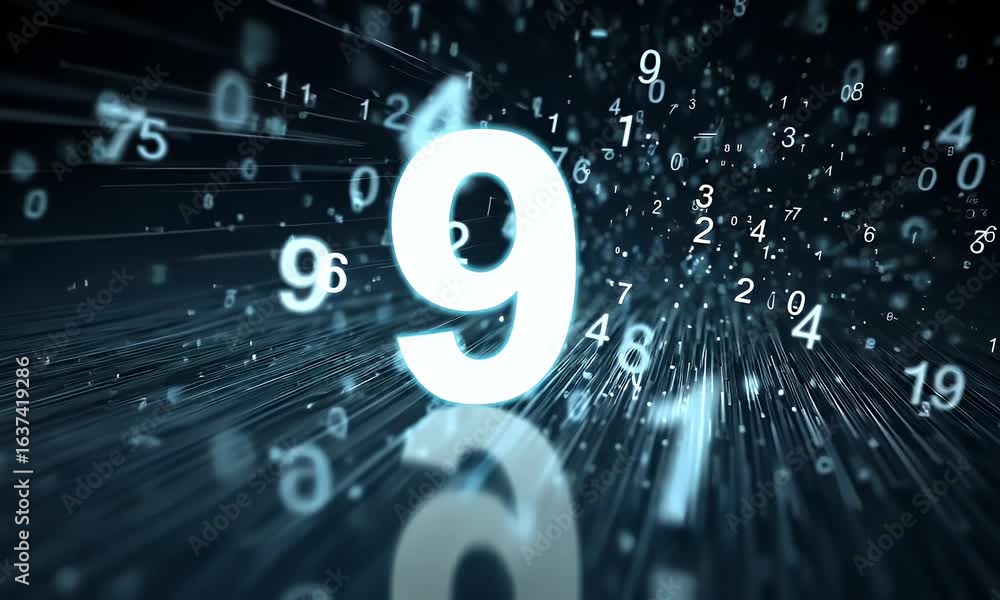 Poster a dark background with data numbers floating in the air, a dark blue and white color scheme, a data 