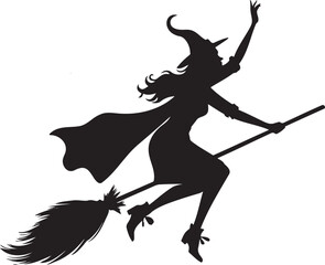  Halloween witch flying silhouette with broomstick vector illustration isolated on white background