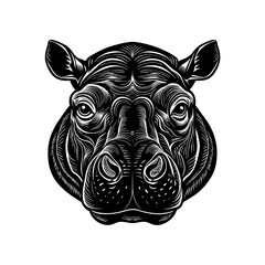 Cartoon of a cute black hippopotamus head isolated on a white background with a tattoo design